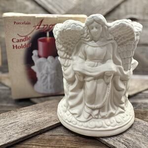 Vintage Bisque Porcelain Trio of Angels Pillar Candle Holder, Peace Joy Love 6”H